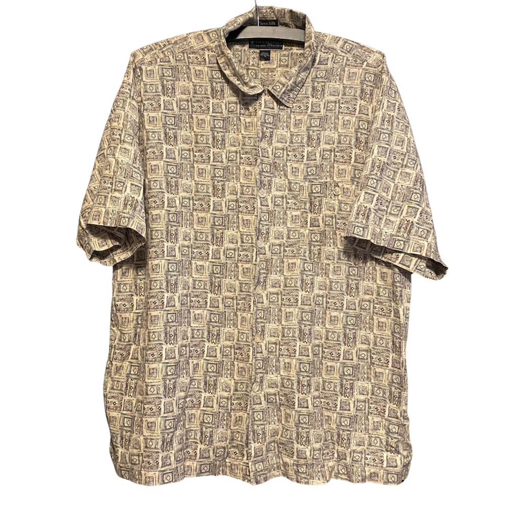 Weekender Silk Aztec Boho Indie Luxury Geometric Button Short Sleeve Shirt Earth
